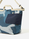 Close-up of the master-piece x Universal Works Blue Camo Recycled Tech Canvas Large Tote Bag on a white background. It features blue camo print, beige straps, and a navy pocket.