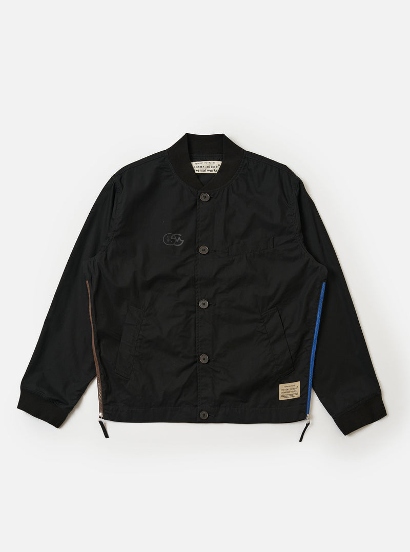 The master-piece x Universal Works Black Peached Poplin Newark Jacket is shown as a flat lay against a white background. This bomber-style jacket features a ribbed collar, cuffs, and hem, a central zip front, and two slanted welt pockets at the waist. The black peached poplin fabric has a smooth, matte finish.