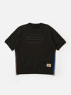 The master-piece x Universal Works Black Brush Back Sweat S/S Billy Sweat is shown as a flat lay against a white background. This short-sleeved sweatshirt features a crewneck, a printed dual-branded logo on the left chest, and contrasting white zips on the side seams.