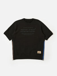 The master-piece x Universal Works Black Brush Back Sweat S/S Billy Sweat is shown as a flat lay against a white background. This short-sleeved sweatshirt features a crewneck, a printed dual-branded logo on the left chest, and contrasting white zips on the side seams.