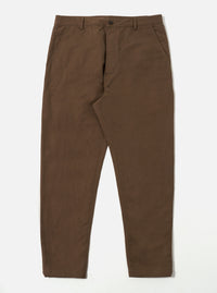 Studio shot of Khaki Linen Slub Weave Military Chino pants in brown on a white background. The pants are neatly arranged, showcasing their fit and material.