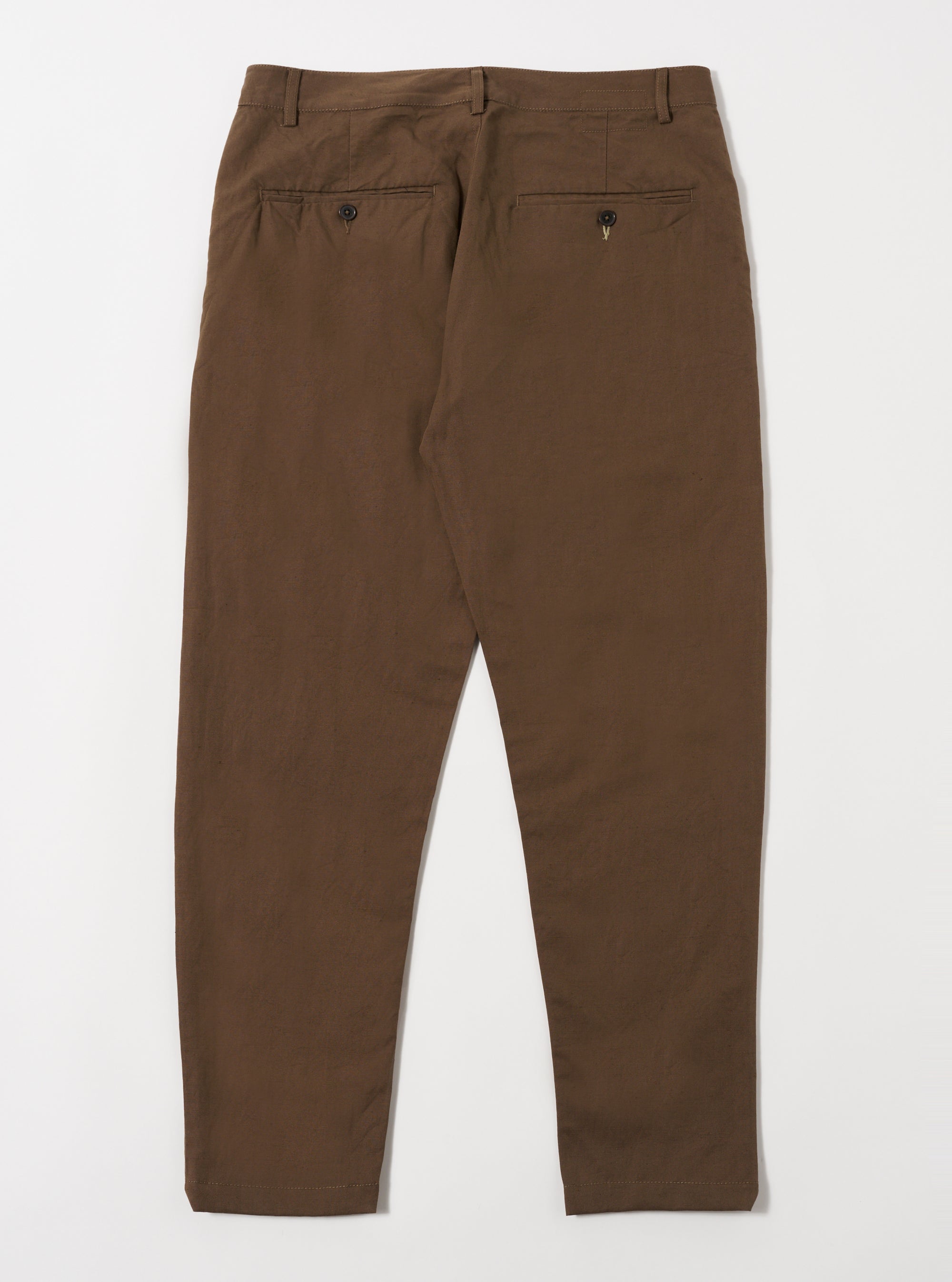 Khaki Linen Slub Weave Military Chino pants in brown on a white background. The pants are made of linen and have a slub weave. They are a military chino style.
