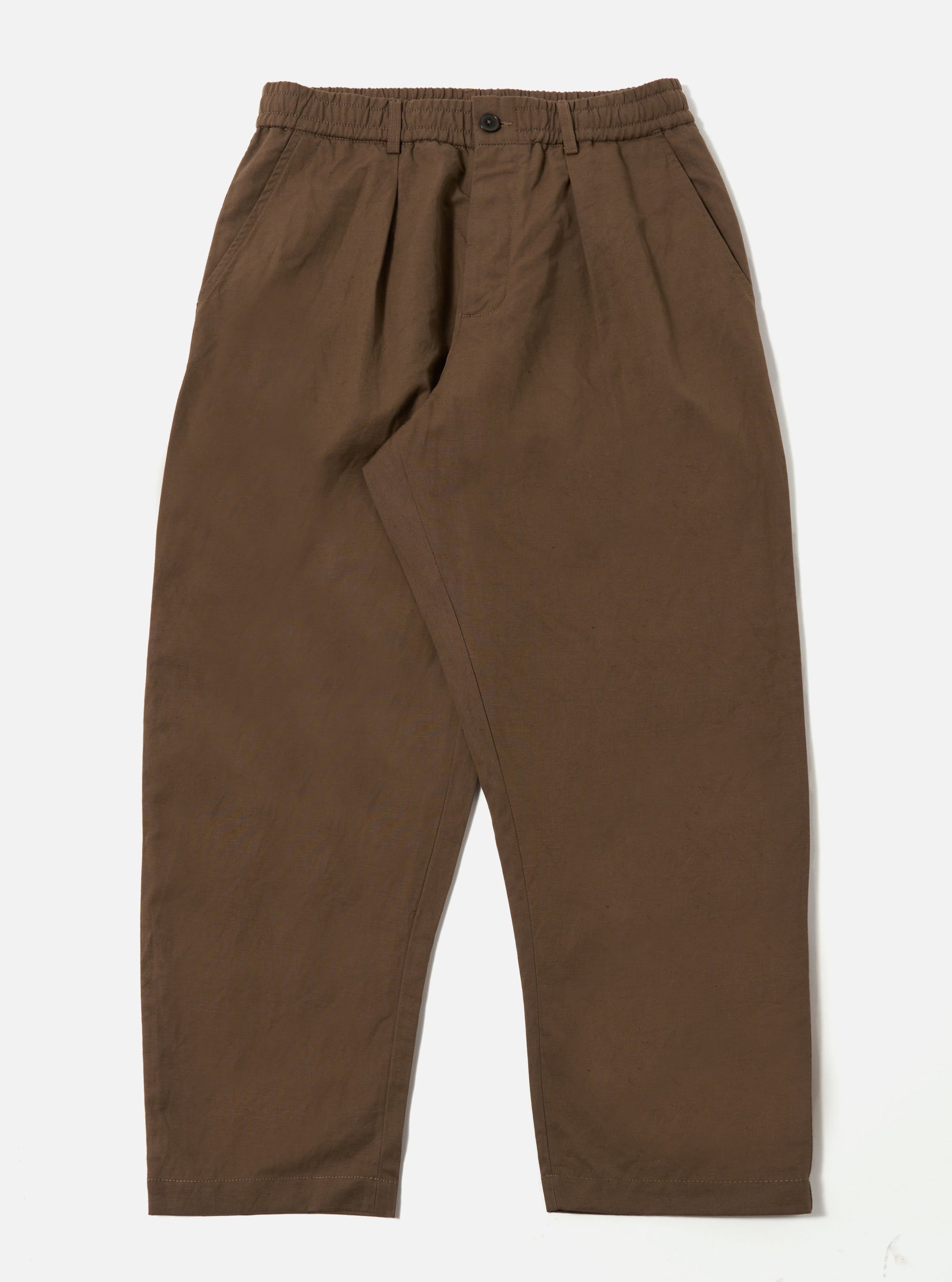 Flat lay of the Khaki Linen Slub Weave Oxford Pant on a white background. The pants are a relaxed fit with an elastic waistband and button closure.