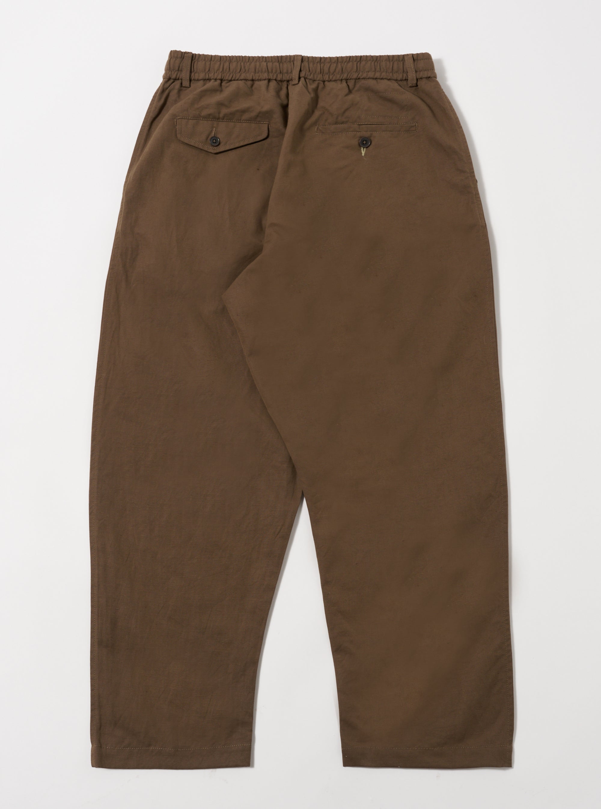 Back view of Khaki Linen Slub Weave Oxford Pant on a white background. Shows the elastic waist, pockets, and the relaxed fit of the linen pants.