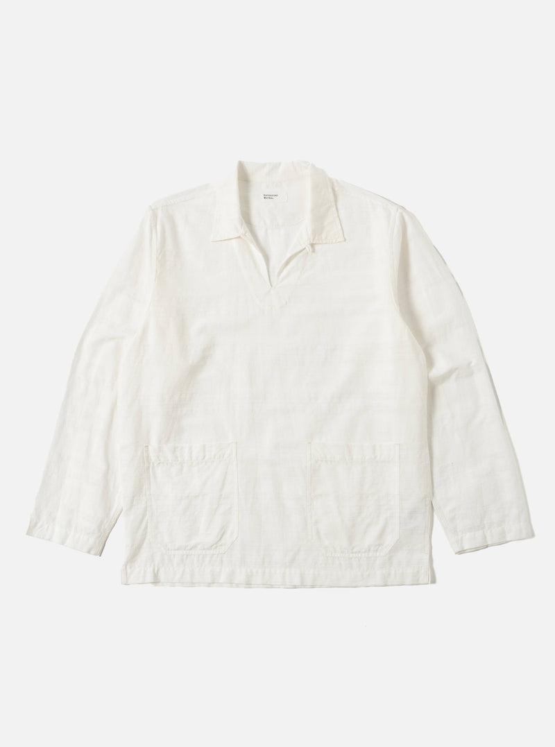 The Ecru Deffe Self Stripe Smock Overshirt in off-white, laid flat on a white background. The shirt has long sleeves, a v-neck, and two front pockets.