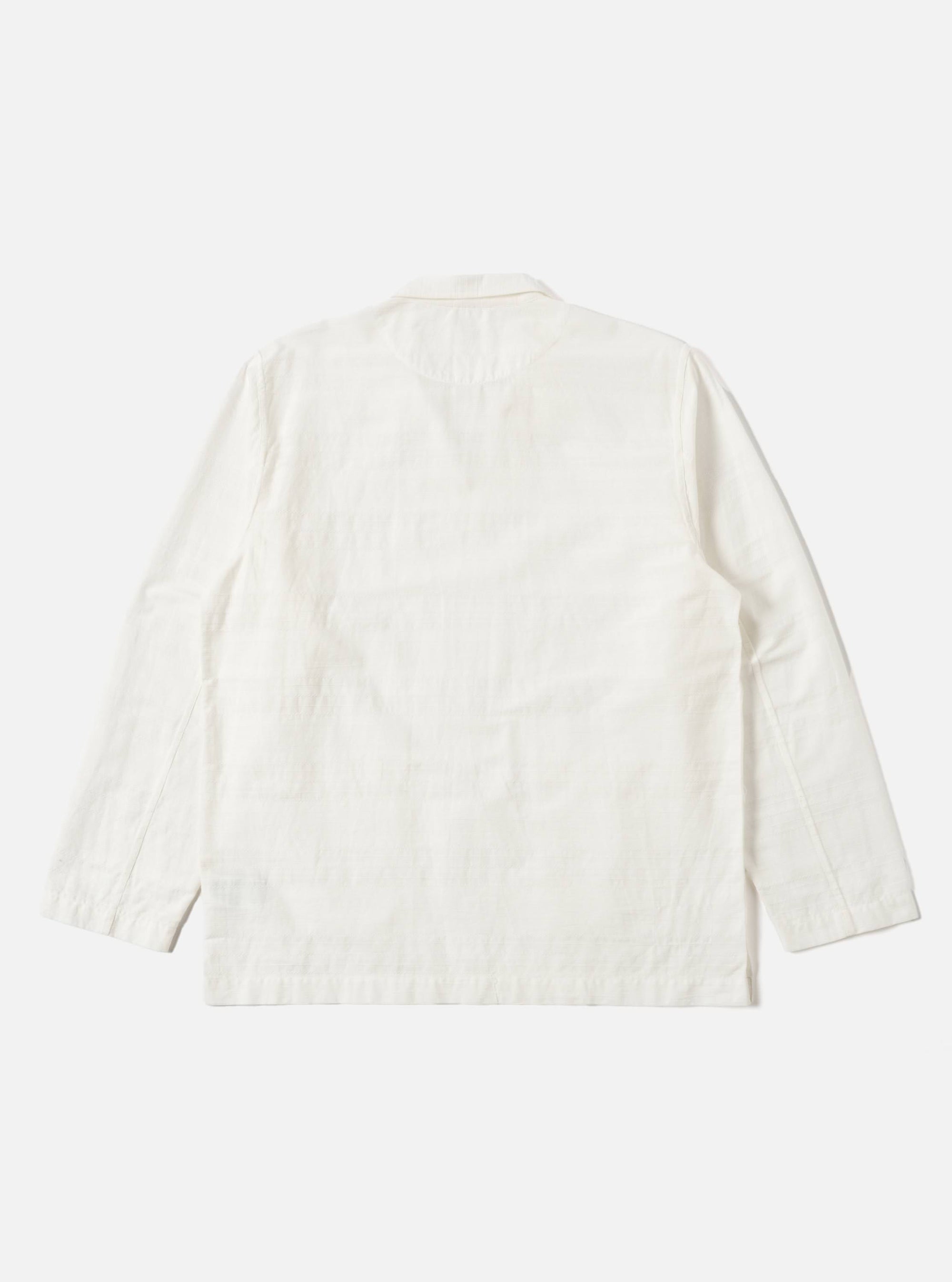 Back view of the Ecru Deffe Self Stripe Smock Overshirt, an off-white cotton shirt jacket with subtle stripes, laid flat on a white background.