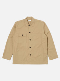 The Sand Military Cotton Dockside Overshirt in sand color. Made from cotton, it features a relaxed fit. Shot on a clean white background.