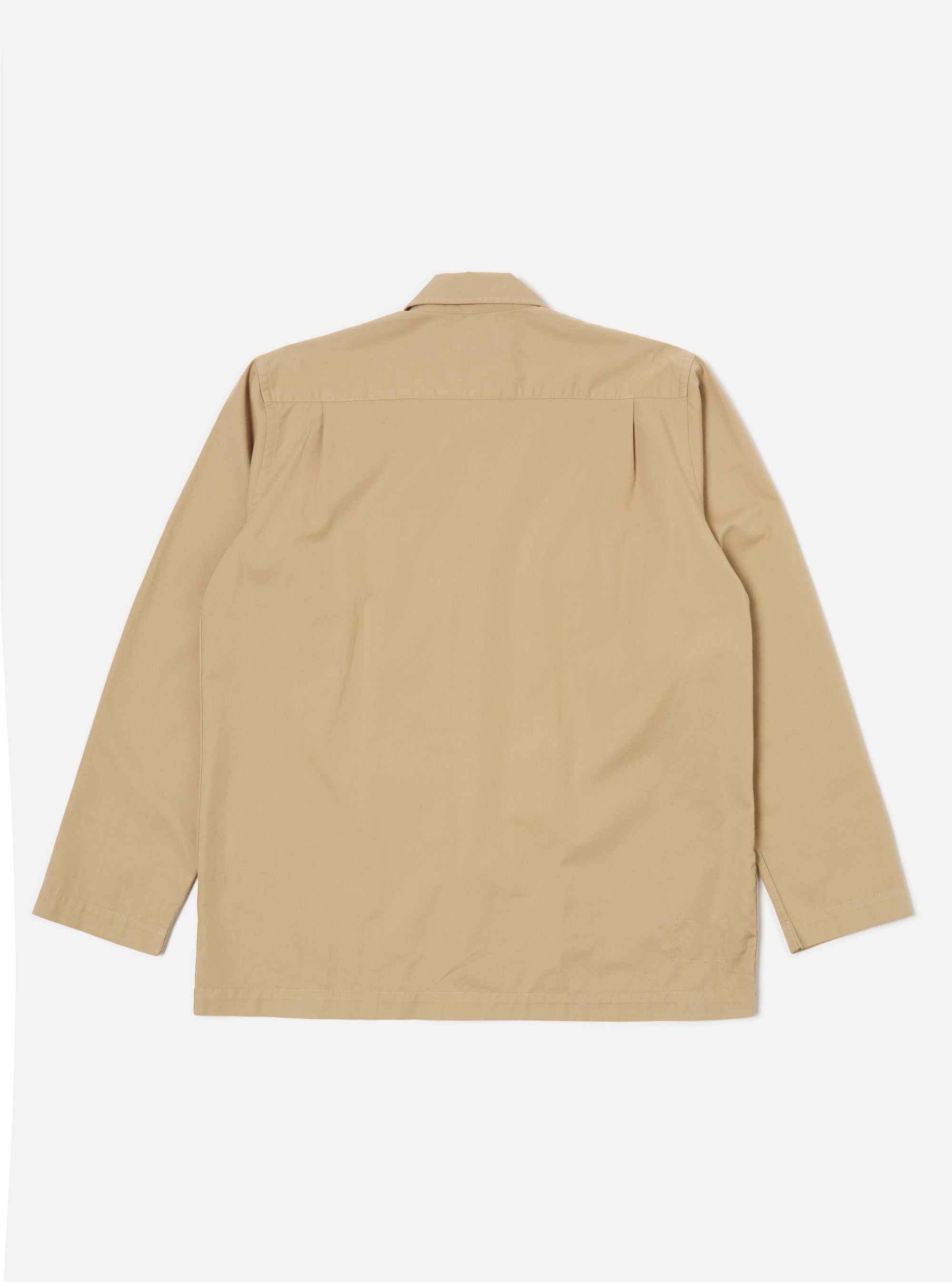 Back view of the Sand Military Cotton Dockside Overshirt on a white background. The sand-colored cotton overshirt has long sleeves and a classic fit.