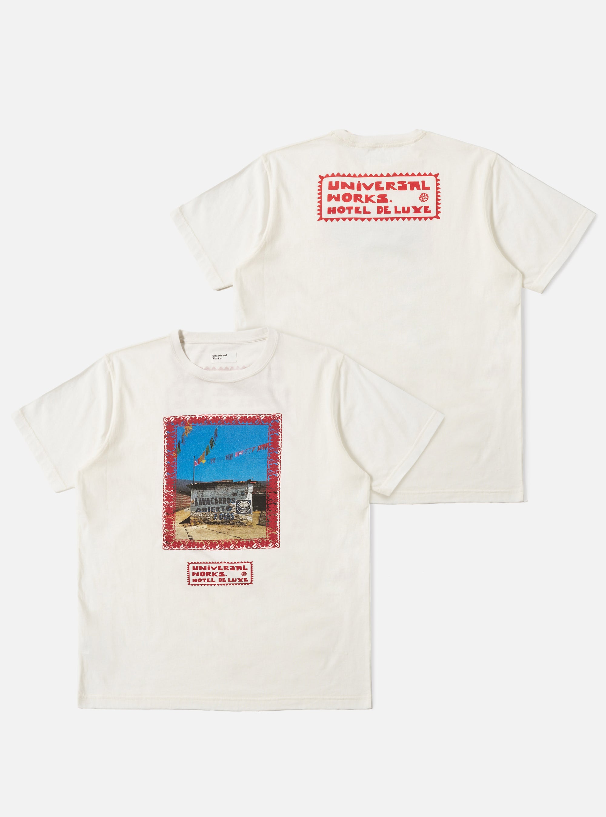Two Ecru/Red Single Jersey Pickup Print Tee shirts are displayed on a white background. The front of one tee features a red-framed graphic print. The back of the other tee has a red logo.
