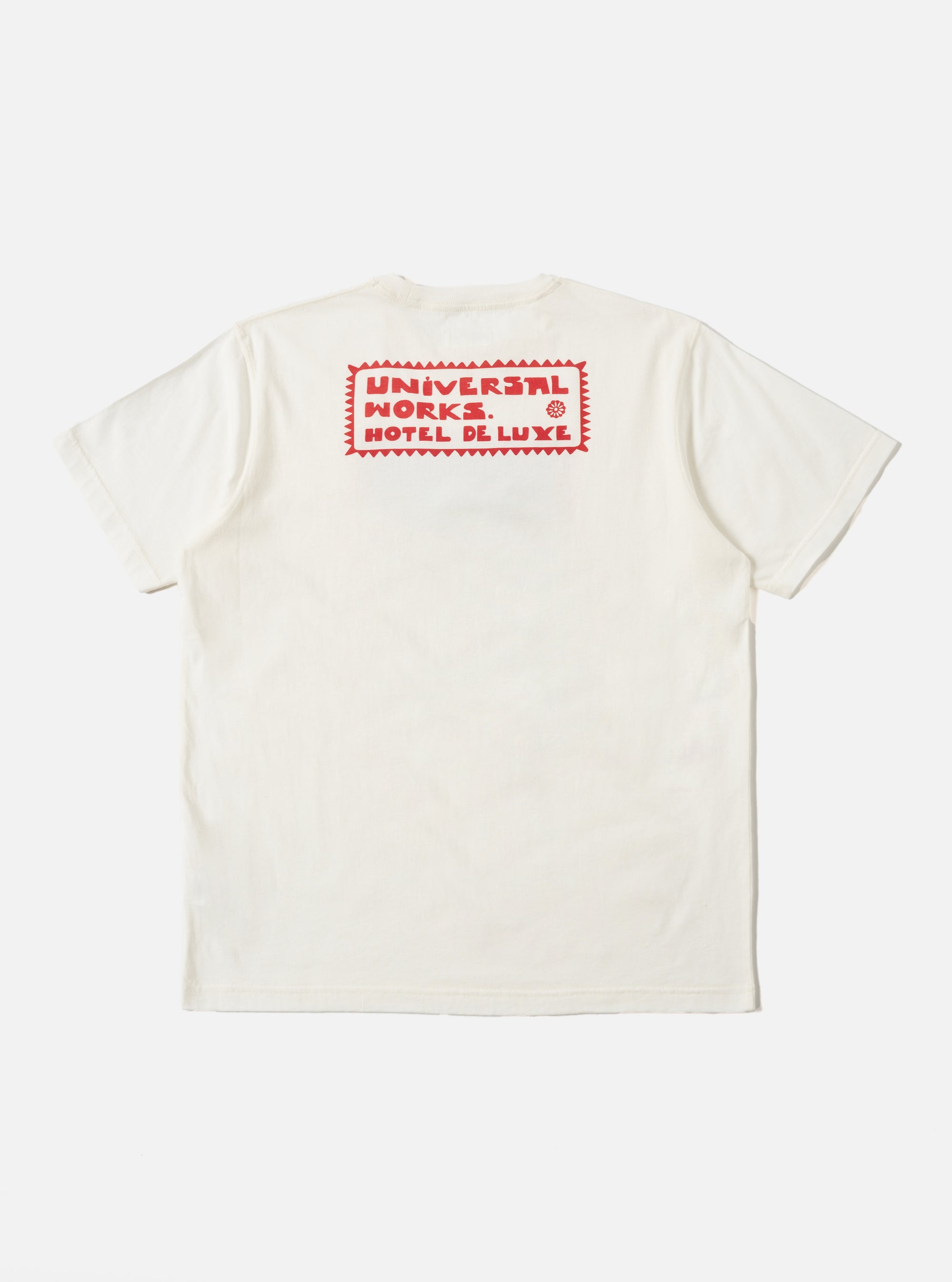Ecru/Red Single Jersey Pickup Print Tee on a white background. The back of the shirt features a red graphic print. The tee is made of soft single jersey material.