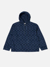 The Navy Mitla Print Cord Liam Jacket, a blue corduroy hooded jacket with a geometric print, is laid flat on a white background.