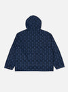 Back view of the Navy Mitla Print Cord Liam Jacket on a white background. The jacket features a blue geometric pattern and a hood.