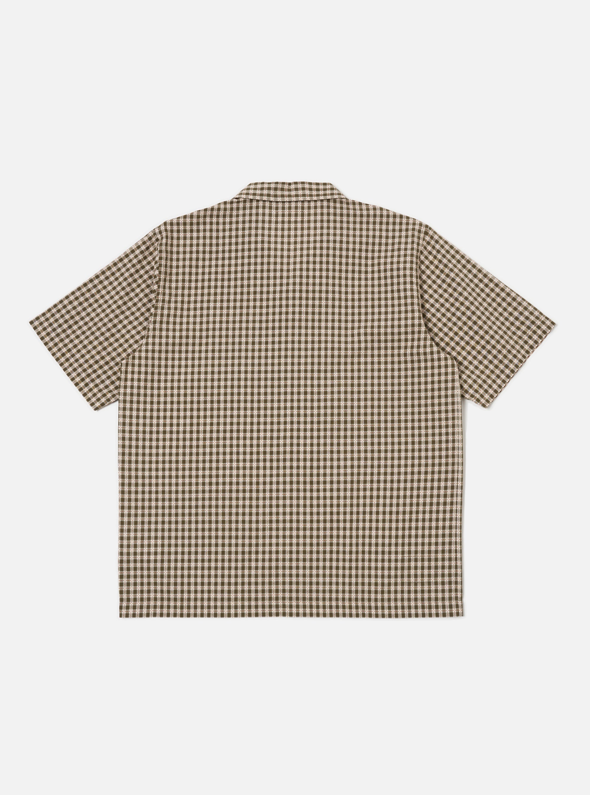 Back view of the Olive Dobby Check Road Shirt, featuring a brown and beige check pattern. The shirt is laid flat on a white background.