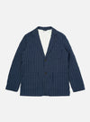 A Navy Chester Stripe Two Button Jacket is shown laid flat against a plain white background. The jacket features a thin vertical stripe pattern, two lower patch pockets, and one chest patch pocket. It has a classic notched lapel and a two-button front closure.