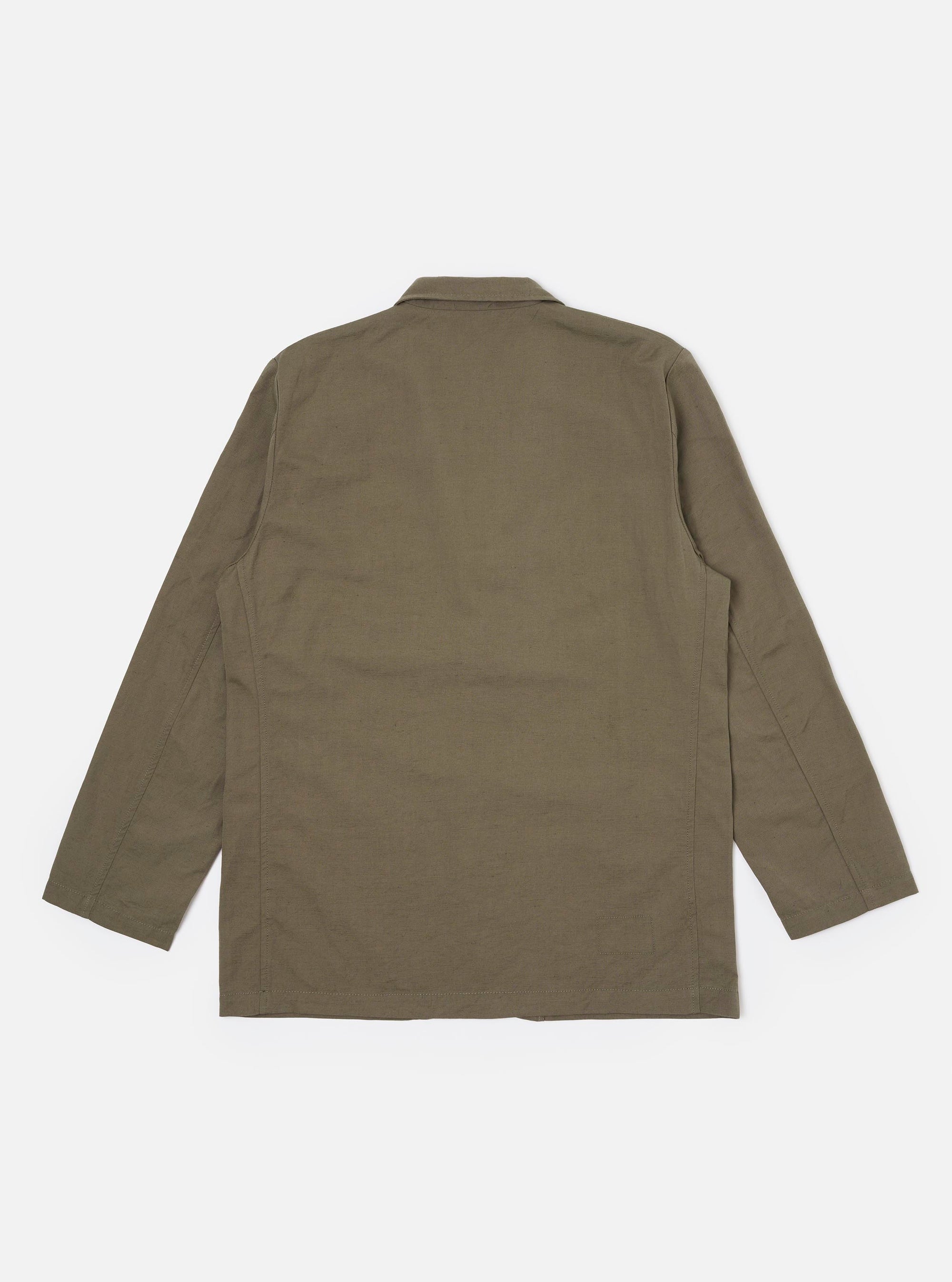 The Olive Linen Slub Weave Two Button Jacket is shown from the back, laid flat against a plain white background. The image highlights the jacket's structured back, a central vent at the hem, and the textured olive green fabric.