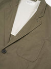 The Olive Linen Slub Weave Two Button Jacket is shown from the back, laid flat against a plain white background. The image highlights the structured shoulders, vertical rear seams, and a single central vent at the hem. The olive green fabric features a distinct slubby texture.