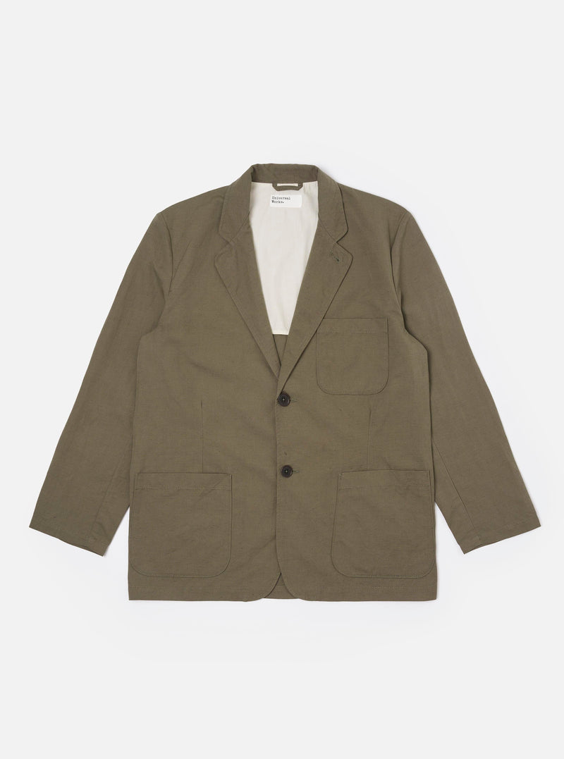 The Olive Linen Slub Weave Two Button Jacket is shown as a flat lay against a plain white background. The jacket features a relaxed fit with a two-button front closure, a long and wide notch lapel, two lower patch pockets, and one chest patch pocket. The olive green fabric has a visible slubby texture.