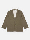 The Olive Linen Slub Weave Two Button Jacket is shown as a flat lay against a plain white background. The jacket features a relaxed fit with a two-button front closure, a long and wide notch lapel, two lower patch pockets, and one chest patch pocket. The olive green fabric has a visible slubby texture.