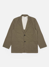 The Olive Linen Slub Weave Two Button Jacket is shown as a flat lay against a plain white background. The jacket features a relaxed fit with a two-button front closure, a long and wide notch lapel, two lower patch pockets, and one chest patch pocket. The olive green fabric has a visible slubby texture.