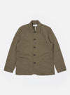 The Olive Linen Slub Weave Bakers Jacket is displayed as a flat lay against a plain white background. The jacket features a five-button front closure, a structured collar, and four front patch pockets: one at the chest and three at the waist, including a smaller ticket pocket. The olive green fabric shows a visible slubbed texture.