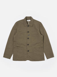 The Olive Linen Slub Weave Bakers Jacket is displayed as a flat lay against a plain white background. The jacket features a five-button front closure, a structured collar, and four front patch pockets: one at the chest and three at the waist, including a smaller ticket pocket. The olive green fabric shows a visible slubbed texture.