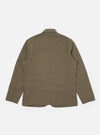 The Olive Linen Slub Weave Bakers Jacket is shown from the back, laid flat against a solid white background. The image highlights the textured olive green slub weave fabric, the two-piece sleeve construction, and the straight hem.
