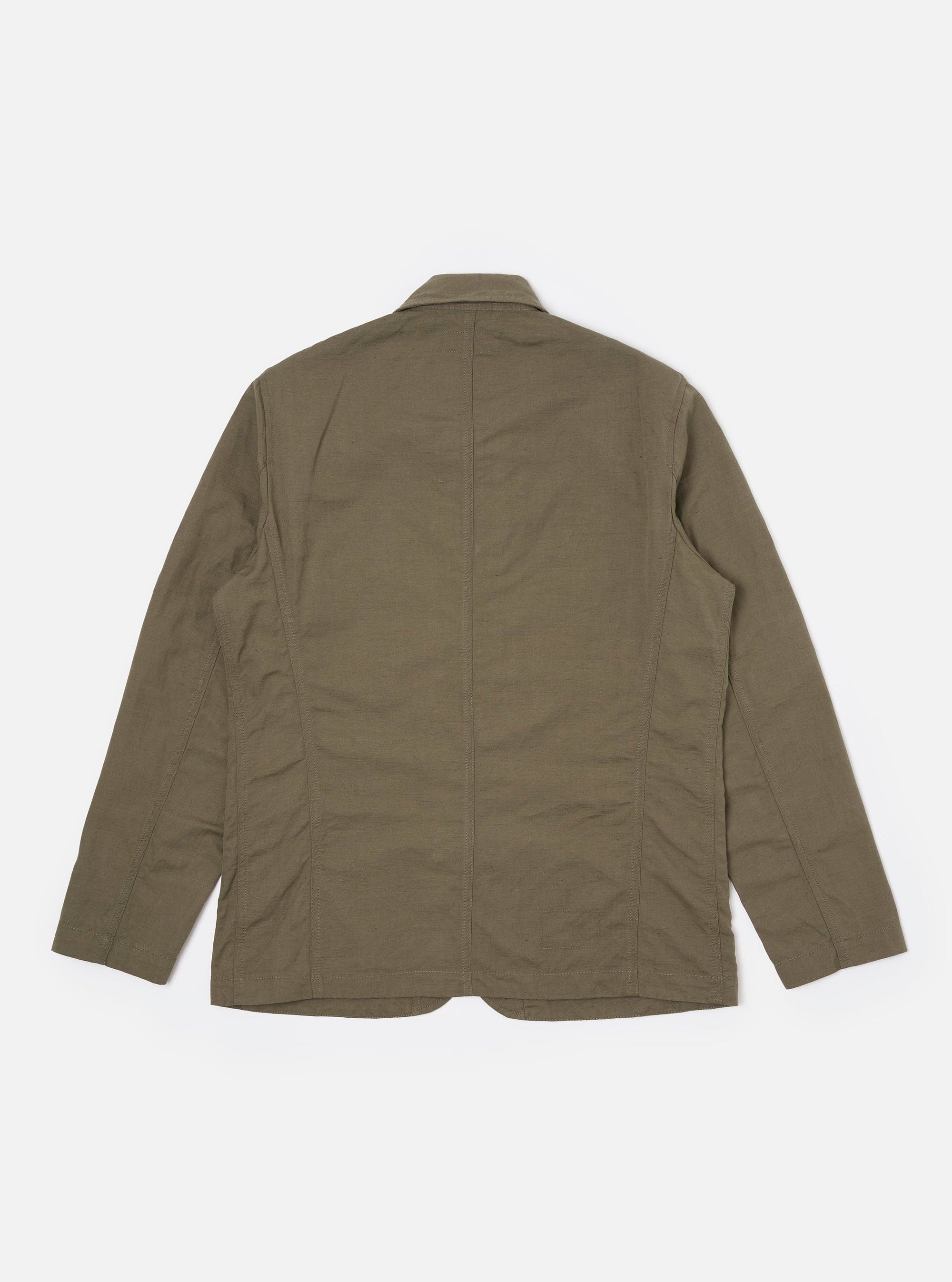 The Olive Linen Slub Weave Bakers Jacket is shown from the back, laid flat against a solid white background. The image highlights the textured olive green slub weave fabric, the two-piece sleeve construction, and the straight hem.