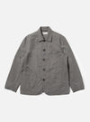 The Mid Grey Linen Slub Weave Bakers Jacket is shown laid flat against a plain white background. The garment features a five-button front, a classic pointed collar, and four front patch pockets including one with a buttoned flap. The mid-grey fabric displays a distinct slubbed texture.