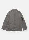 The Mid Grey Linen Slub Weave Bakers Jacket is shown from the back, laid flat against a plain white background. The garment features a textured mid-grey fabric, a central vertical back seam, and a straight hem.
