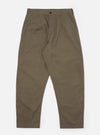 A pair of Olive Linen Slub Weave Dizzy Trousers is shown laid flat against a plain white background. The trousers feature a wide, loose leg, a button fly, and a waistband with belt loops. The olive green fabric has a distinct slubbed texture.