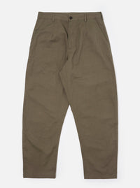 A pair of Olive Linen Slub Weave Dizzy Trousers is shown laid flat against a plain white background. The trousers feature a wide, loose leg, a button fly, and a waistband with belt loops. The olive green fabric has a distinct slubbed texture.