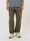 A pair of Olive Linen Slub Weave Dizzy Trousers is shown laid flat against a solid white background. The trousers feature a wide, slightly tapered leg, a button fly, and two front angled pockets.