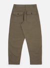 The Olive Linen Slub Weave Dizzy Trouser is shown from the back, laid flat against a plain white background. The image highlights the two large rear patch pockets, the wide-leg silhouette, and the textured, slubby weave of the olive green linen-blend fabric.
