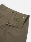 The Olive Linen Slub Weave Dizzy Trouser is shown from a rear angle, laid flat against a plain white background. The image highlights the two rear button-flap patch pockets, the fixed waistband with belt loops, and the wide, slightly tapered cut of the legs. The olive green fabric features a visible slub weave texture.