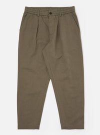 The Olive Linen Slub Weave Oxford Pant is shown as a flat lay against a plain white background. The trousers feature an elasticated waistband with a tonal drawstring, a single pleat on the front of each leg, and a wide, slightly tapered silhouette. The olive green fabric has a visible, irregular slub texture.