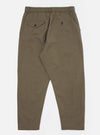 The Olive Linen Slub Weave Oxford Pant is shown from the back, laid flat against a plain white background. The image highlights the two rear patch pockets, one featuring a buttoned flap and the other a buttoned jetted design, alongside the elasticated waistband with visible tonal stitching. The olive green fabric displays a distinct textured slub weave.