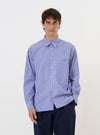 The Blue/White Cotton Stripe Square Pocket Shirt is displayed flat against a plain white background. The shirt features a vertical blue and white stripe pattern, a classic pointed collar, a full button-down front, and a prominent square patch pocket on the left chest.