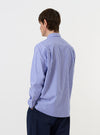 A Blue/White Cotton Stripe Square Pocket Shirt is displayed flat against a plain white background. The shirt features a classic pointed collar, a full button-down front, and long sleeves with buttoned cuffs. A prominent, oversized square patch pocket is visible on the left chest. The fabric has a vertical blue and white stripe pattern.
