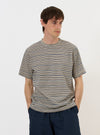 A model is wearing the Grey OS Stripe Jersey Core Tee against a plain white background. The short-sleeved t-shirt features horizontal grey and white stripes with a soft, irregular hand-painted character and a ribbed crew neck. The image shows the model from the chest up, highlighting the generous fit and the texture of the cotton jersey fabric.