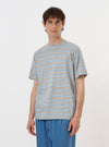 A Pale Blue OS Stripe Jersey Core Tee is shown laid flat against a solid white background. The short-sleeved t-shirt features a light blue and white horizontal stripe pattern and a self-bound crew neck.