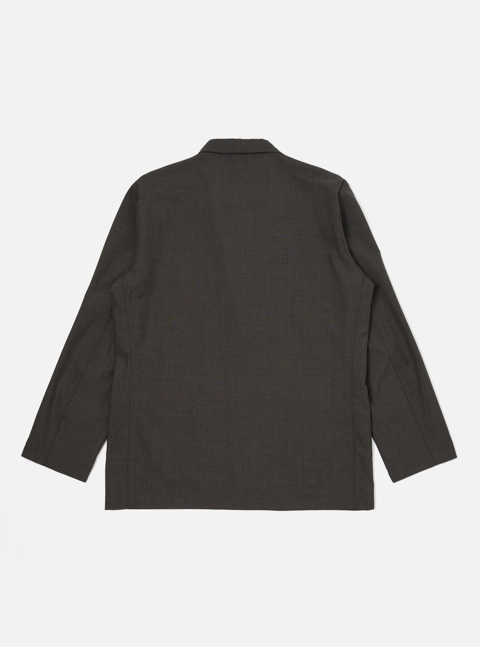 The Brown Marl Tropical Suiting Two Button Jacket is displayed from the back, laid flat against a solid white background. The image highlights the unstructured design, the straight hem, and the clean lines of the two-piece sleeve construction.