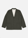 The Olive Marl Tropical Suiting Two Button Jacket is displayed flat against a plain white background. The jacket features a two-button front closure, a wide notched lapel, two large lower patch pockets, and a single chest patch pocket. The fabric has a textured olive green marl appearance.