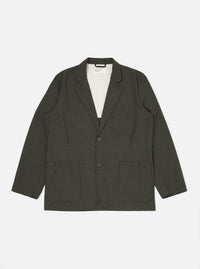 The Olive Marl Tropical Suiting Two Button Jacket is displayed flat against a plain white background. The jacket features a two-button front closure, a wide notched lapel, two large lower patch pockets, and a single chest patch pocket. The fabric has a textured olive green marl appearance.