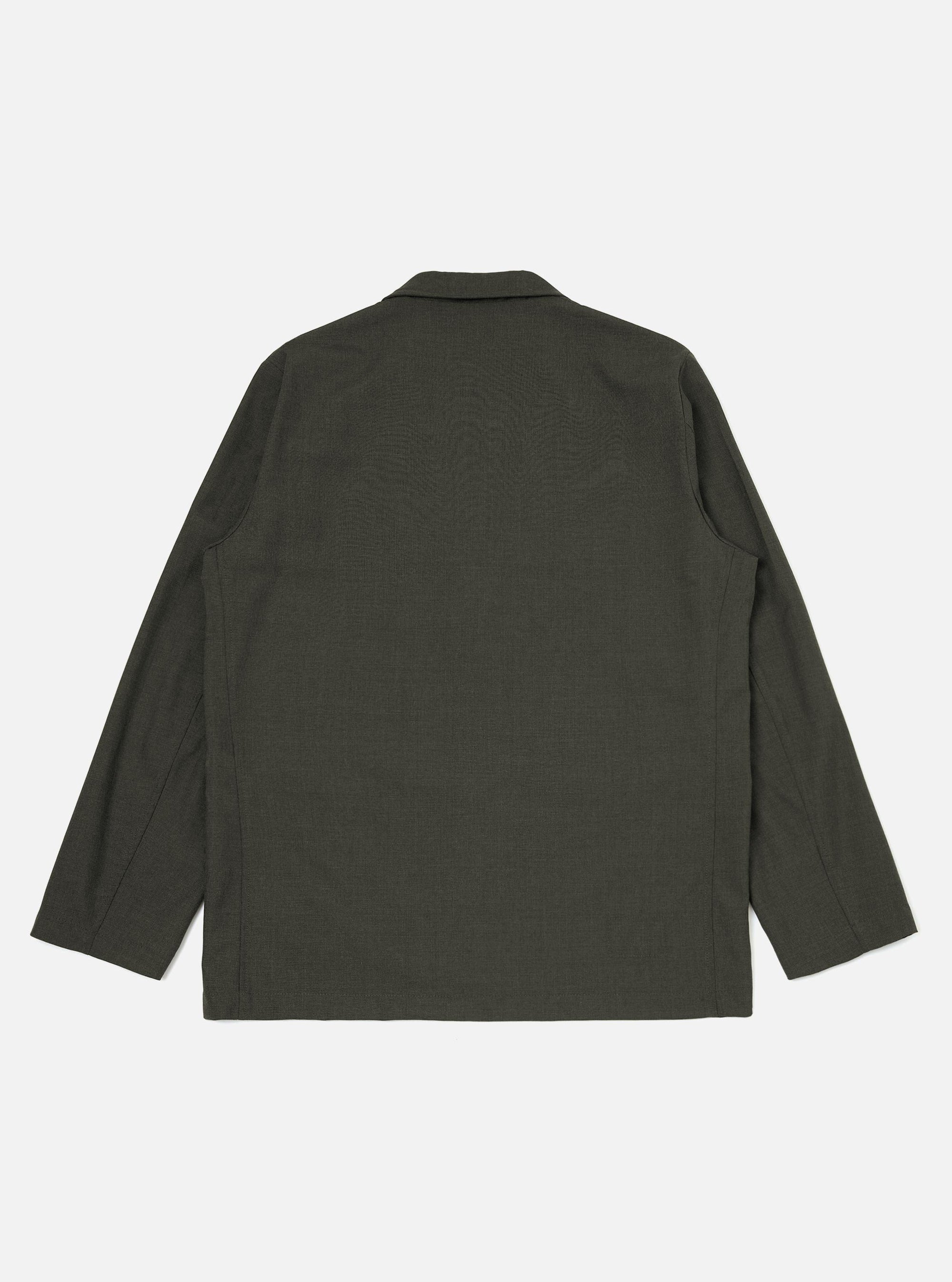 The Olive Marl Tropical Suiting Two Button Jacket is shown from the back, displayed flat against a plain white background. The image highlights the clean lines of the jacket's rear construction, including the central seam and the straight hem.
