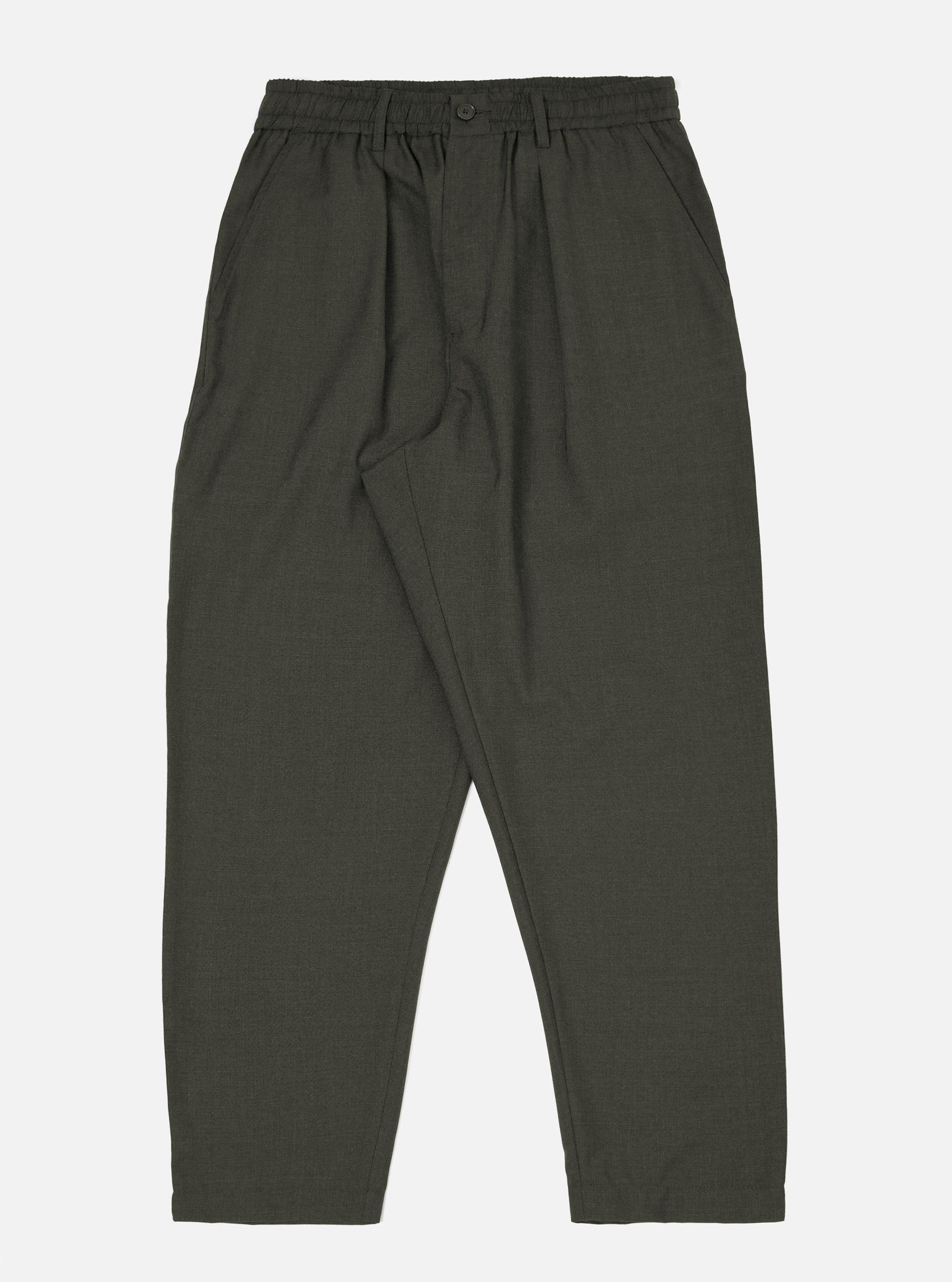A pair of Olive Marl Tropical Suiting Pleated Track Pants is shown laid flat against a solid white background. The trousers feature a relaxed, tapered fit with a single pleat at the waist, side slip pockets, and an elasticated drawstring waistband.