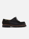 Side view of Paraboot x Universal Works Michael in Black Leather/Suede on a white background. Features black leather upper, suede accents, and a brown welt.