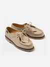 Paraboot x Universal Works Michael in Sand Leather/Suede shoes on a white background. The sand-colored leather and suede shoes feature a moccasin style with fringed detailing and lace-up closure.