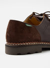 Close-up of the Paraboot x Universal Works Michael in Coffee Leather/Suede. The shoe features brown leather and suede, with a thick sole. Shot on a white background.