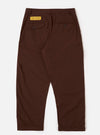 The Paraboot x Universal Works Brown Peached Poplin Super Chino is shown from a rear angle as a flat lay against a plain white background. The image highlights the two rear button-down welt pockets and the straight-cut design of the legs. The brown peached poplin fabric has a smooth, matte finish with visible stitching along the seams and waistband.