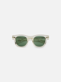 Close-up of A. SOCIETY x Universal Works Honey Stanley Sunglasses. Clear frame, green lenses. Shot on a clean white background.
